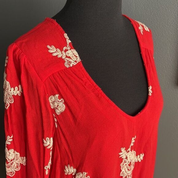 Free People Emma red/orange white embroidered floral accent open back guaze mini - Picture 3 of 8